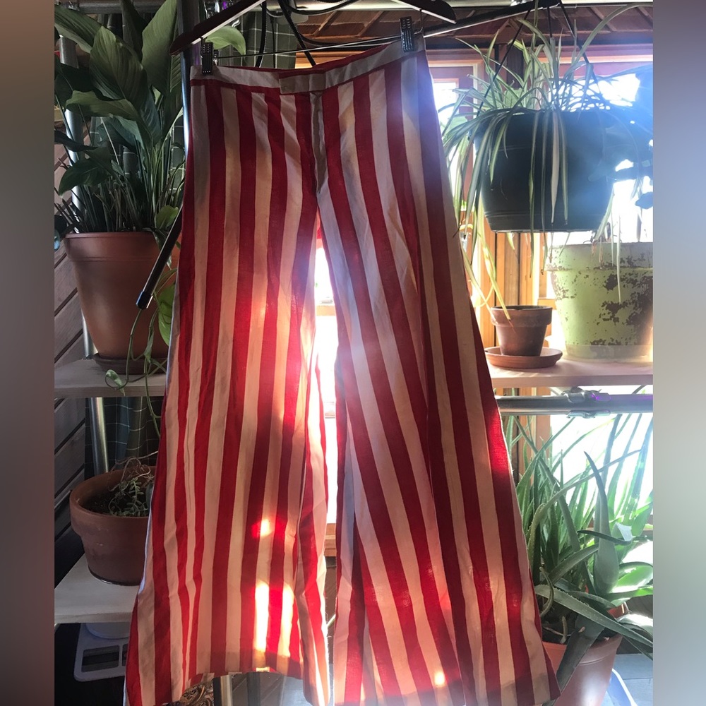 Vintage handmade 70s striped bell bottom flare red and white cotton pants